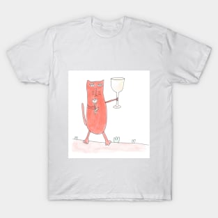 Cat congratulates on the holiday. Celebration, anniversary. Great event. Glass and flower. Watercolor illustration humorous. Humor, fun design modern T-Shirt